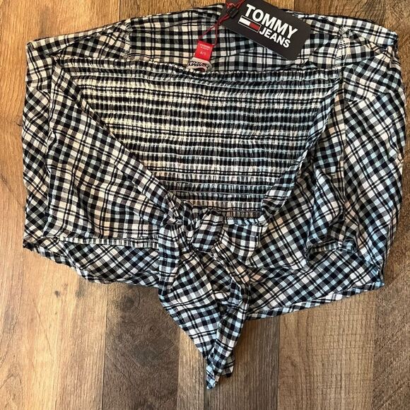 Tommy Jeans Women's Plaid Smocked Scarf Bandeau Top Blue Size Large - Picture 10 of 12